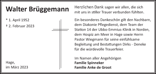 Traueranzeige von Walter Brüggemann von Ostfriesischer Kurier GmbH