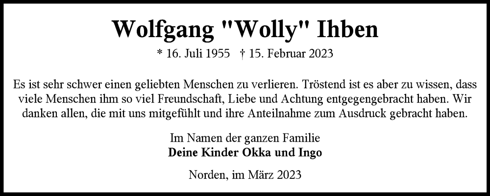  Traueranzeige für Wolfgang Ihben vom 18.03.2023 aus Ostfriesischer Kurier GmbH