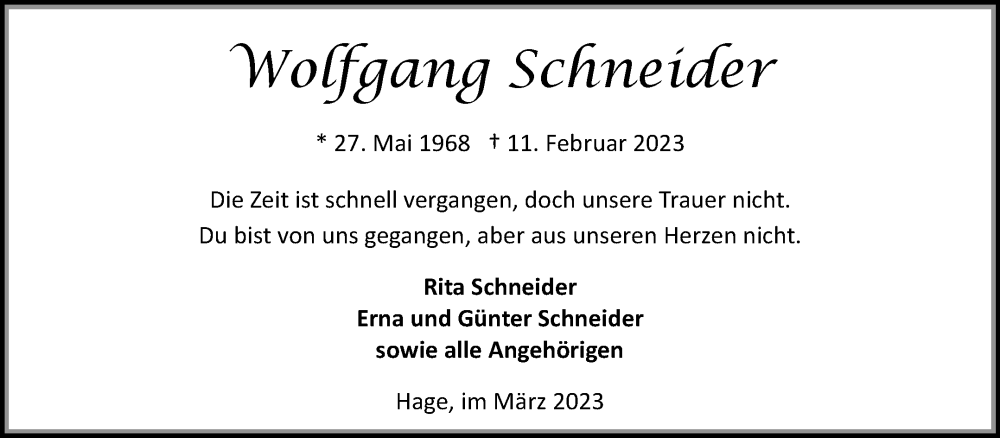  Traueranzeige für Wolfgang Schneider vom 25.03.2023 aus Ostfriesischer Kurier GmbH