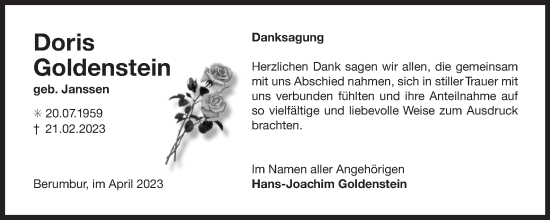 Traueranzeige von Doris Goldenstein von Ostfriesischer Kurier GmbH