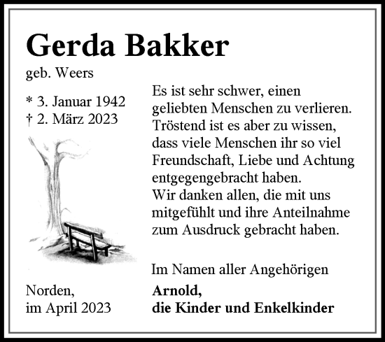 Traueranzeige von Gerda Bakker von Ostfriesischer Kurier GmbH