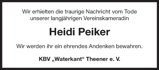 Traueranzeige von Heidi Peiker von Ostfriesischer Kurier / Norderneyer Badezeitung