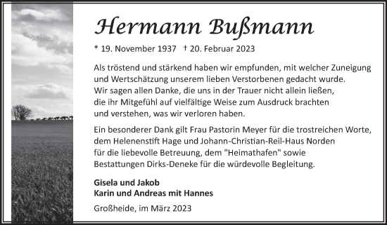 Traueranzeige von Hermann Bußmann von Ostfriesischer Kurier GmbH