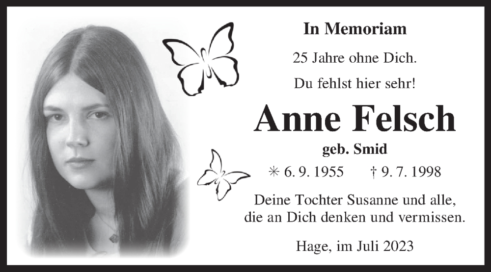  Traueranzeige für Anne Felsch vom 29.07.2023 aus Ostfriesischer Kurier / Norderneyer Badezeitung