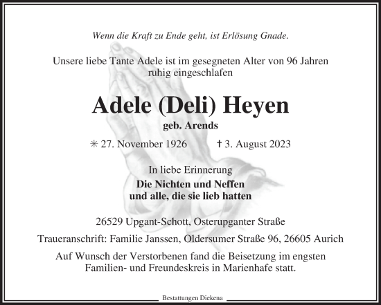 Traueranzeige von Adele Heyen von Ostfriesischer Kurier GmbH