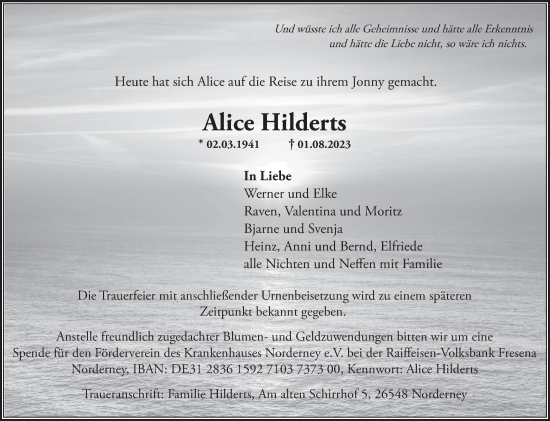Traueranzeige von Alice Hilderts von Ostfriesischer Kurier GmbH