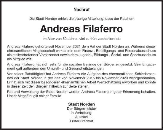 Traueranzeige von Andreas Filaferro von Ostfriesischer Kurier GmbH