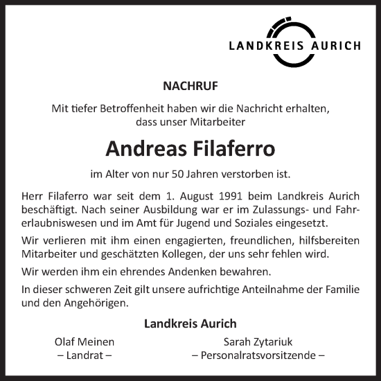 Traueranzeige von Andreas Filaferro von Ostfriesischer Kurier GmbH
