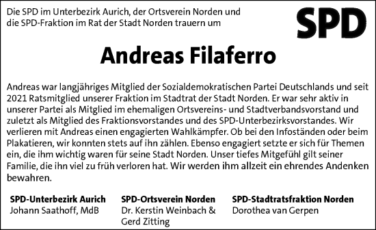 Traueranzeige von Andreas Filaferro von Ostfriesischer Kurier GmbH