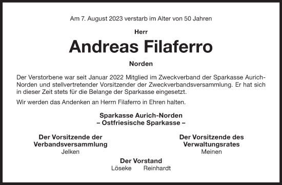 Traueranzeige von Andreas Filaferro von Ostfriesischer Kurier GmbH