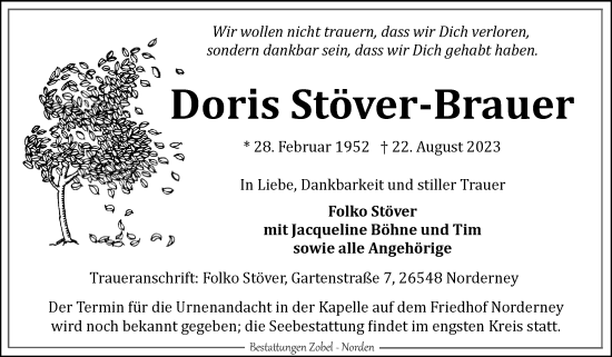 Traueranzeige von Doris Stöver-Brauer von Ostfriesischer Kurier GmbH
