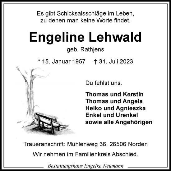 Traueranzeige von Engeline Lehwald von Ostfriesischer Kurier GmbH