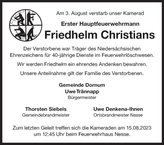 Traueranzeige von Friedhelm Christians von Ostfriesischer Kurier GmbH
