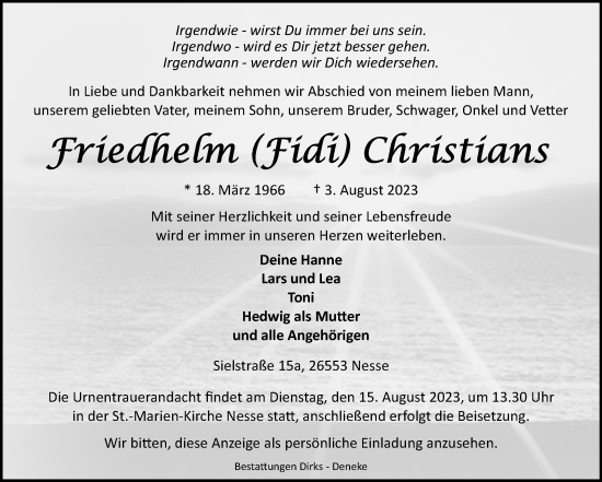 Traueranzeige von Friedhelm Christians von Ostfriesischer Kurier GmbH