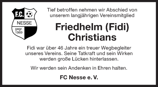 Traueranzeige von Friedhelm Christians von Ostfriesischer Kurier GmbH