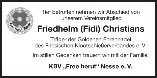 Traueranzeige von Friedhelm Christians von Ostfriesischer Kurier GmbH