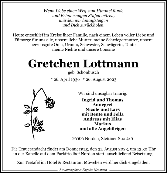 Traueranzeige von Gretchen Lottmann von Ostfriesischer Kurier GmbH