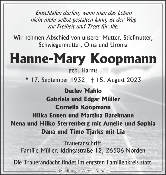 Traueranzeige von Hanne-Mary Koopmann von Ostfriesischer Kurier GmbH