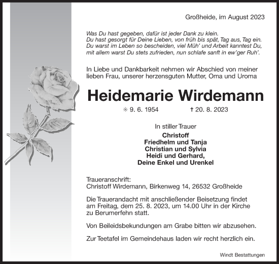 Traueranzeige von Heidemarie Wirdemann von Ostfriesischer Kurier GmbH