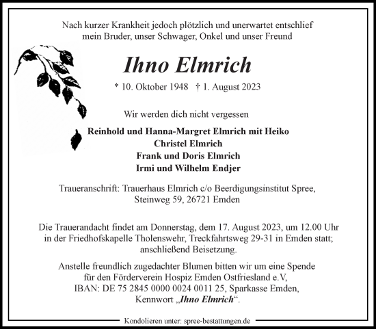Traueranzeige von Ihno Elmrich von Ostfriesischer Kurier GmbH