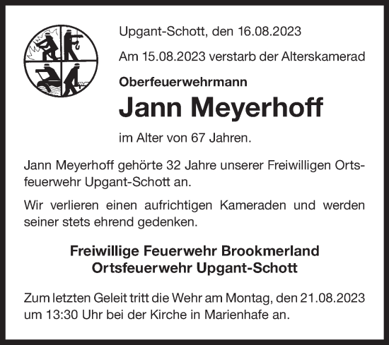 Traueranzeige von Jann Meyerhoff von Ostfriesischer Kurier GmbH