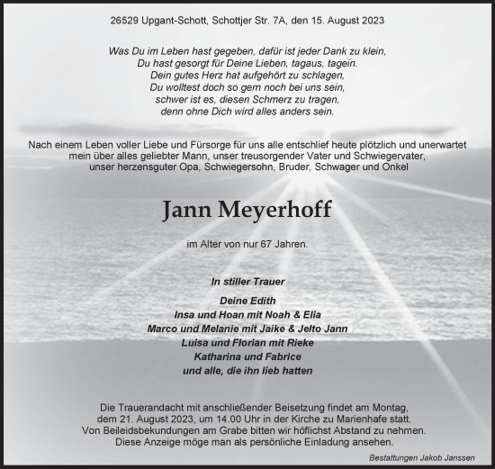 Traueranzeige von Jann Meyerhoff von Ostfriesischer Kurier GmbH