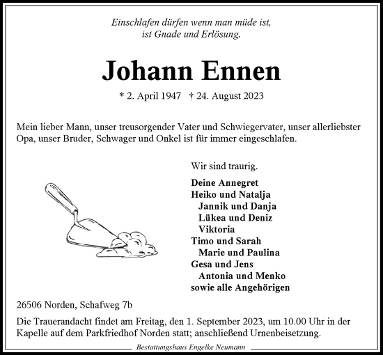 Traueranzeige von Johann Ennen von Ostfriesischer Kurier GmbH