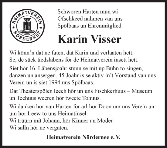 Traueranzeige von Karin Visser von Ostfriesischer Kurier GmbH