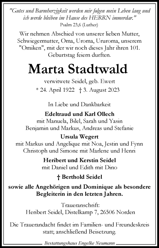 Traueranzeige von Marta Stadtwald von Ostfriesischer Kurier GmbH
