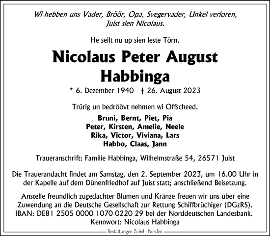 Traueranzeige von Nicolaus Peter August Habbinga von Ostfriesischer Kurier GmbH