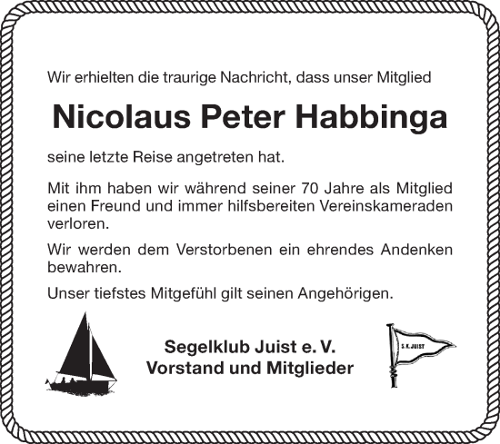 Traueranzeige von Nicolaus Peter August Habbinga von Ostfriesischer Kurier GmbH