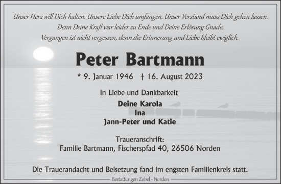 Traueranzeige von Peter Bartmann von Ostfriesischer Kurier GmbH