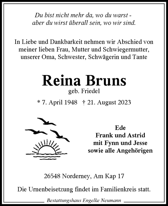 Traueranzeige von Reina Bruns von Ostfriesischer Kurier GmbH