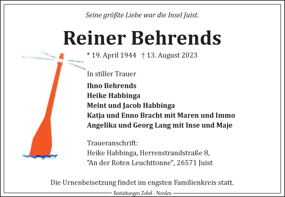  Traueranzeige für Reiner Behrends vom 19.08.2023 aus Ostfriesischer Kurier GmbH