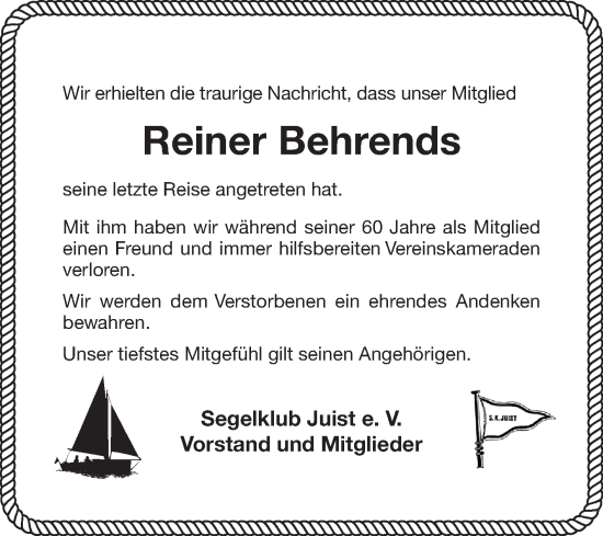 Traueranzeige von Reiner Behrends von Ostfriesischer Kurier GmbH