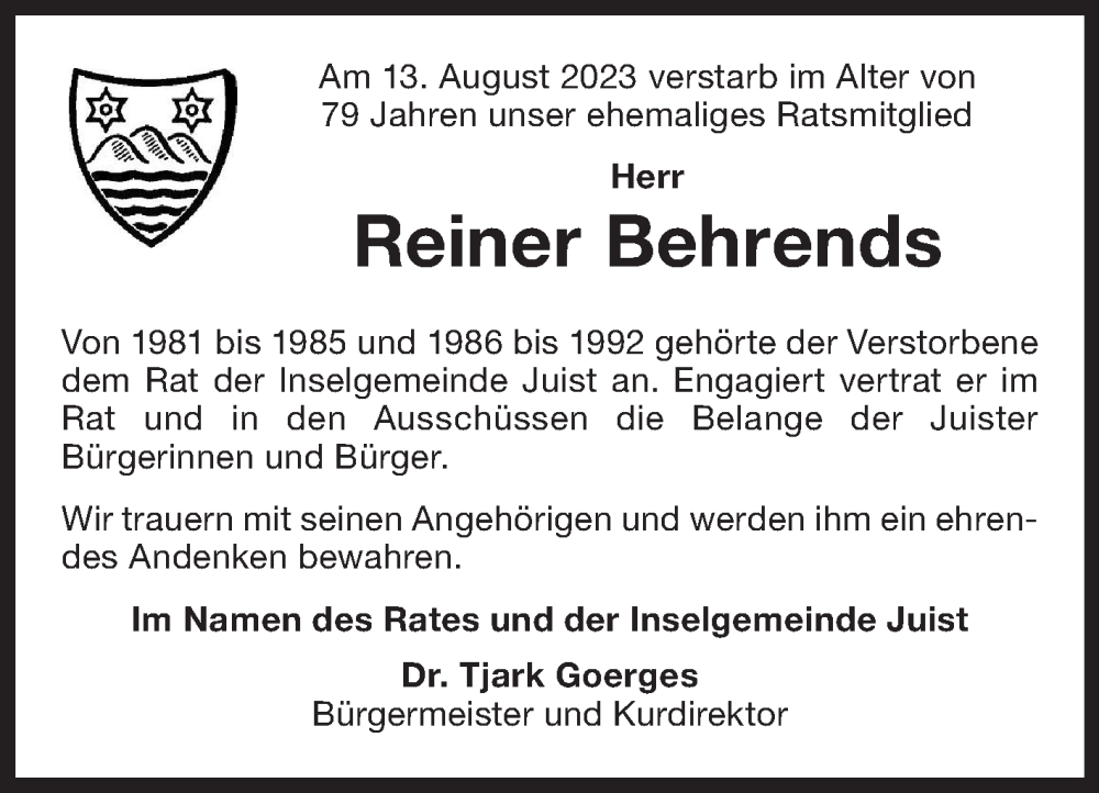  Traueranzeige für Reiner Behrends vom 19.08.2023 aus Ostfriesischer Kurier GmbH