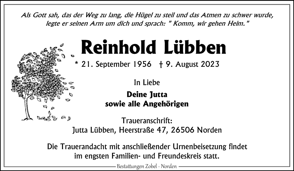  Traueranzeige für Reinhold Lübben vom 12.08.2023 aus Ostfriesischer Kurier GmbH