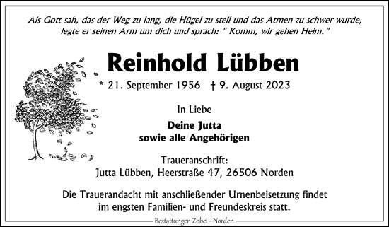 Traueranzeige von Reinhold Lübben von Ostfriesischer Kurier GmbH