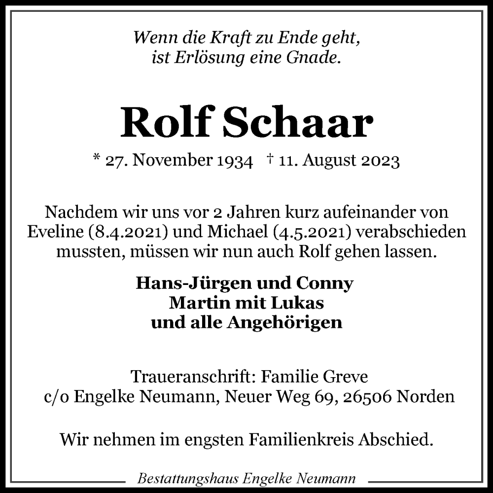  Traueranzeige für Rolf Schaar vom 12.08.2023 aus Ostfriesischer Kurier GmbH