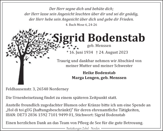 Traueranzeige von Sigrid Bodenstab von Ostfriesischer Kurier GmbH
