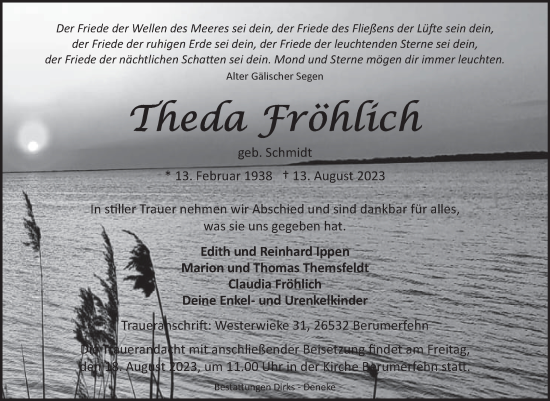 Traueranzeige von Theda Fröhlich von Ostfriesischer Kurier GmbH