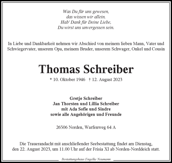 Traueranzeige von Thomas Schreiber von Ostfriesischer Kurier GmbH