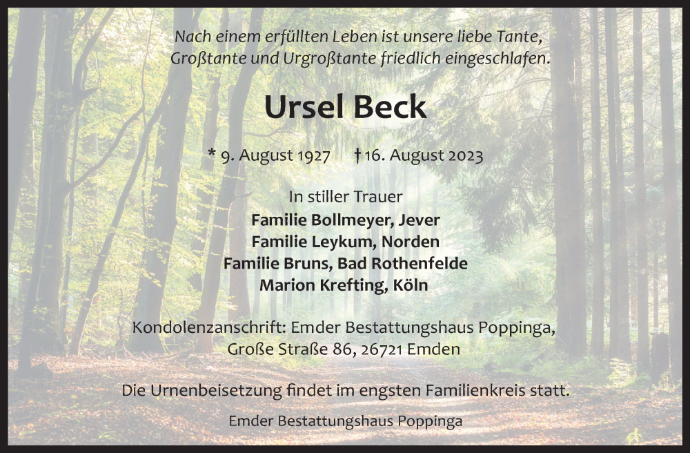  Traueranzeige für Ursel Beck vom 22.08.2023 aus Ostfriesischer Kurier GmbH