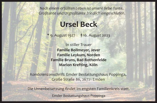 Traueranzeige von Ursel Beck von Ostfriesischer Kurier GmbH