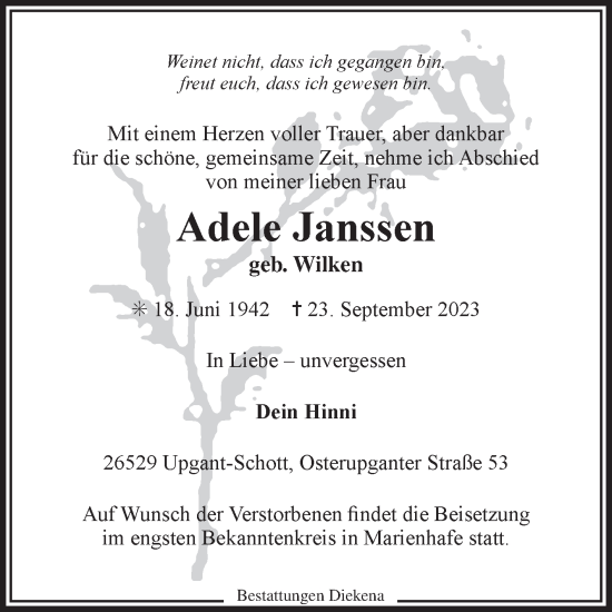 Traueranzeige von Adele Janssen von Ostfriesischer Kurier GmbH