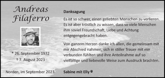 Traueranzeige von Andreas Filaferro von Ostfriesischer Kurier GmbH