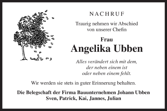 Traueranzeige von Angelika Ubben von Ostfriesischer Kurier GmbH