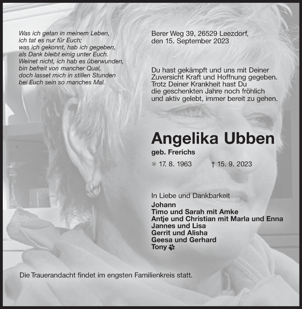  Traueranzeige für Angelika Ubben vom 16.09.2023 aus Ostfriesischer Kurier GmbH