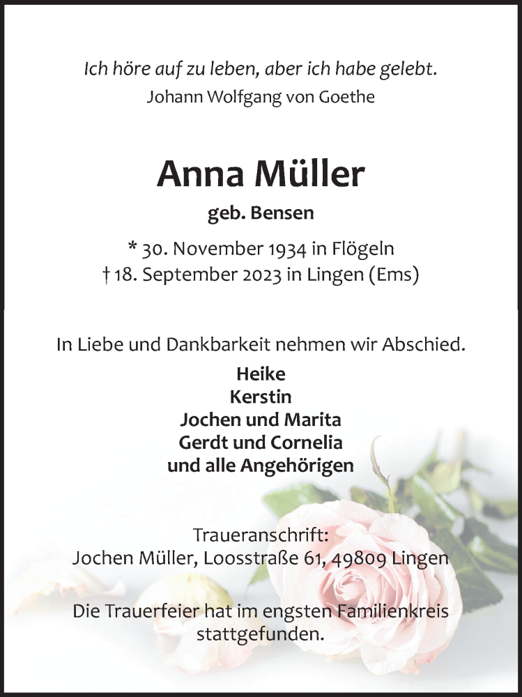  Traueranzeige für Anna Müller vom 30.09.2023 aus Ostfriesischer Kurier GmbH