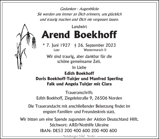 Traueranzeige von Arend Boekhoff von Ostfriesischer Kurier GmbH